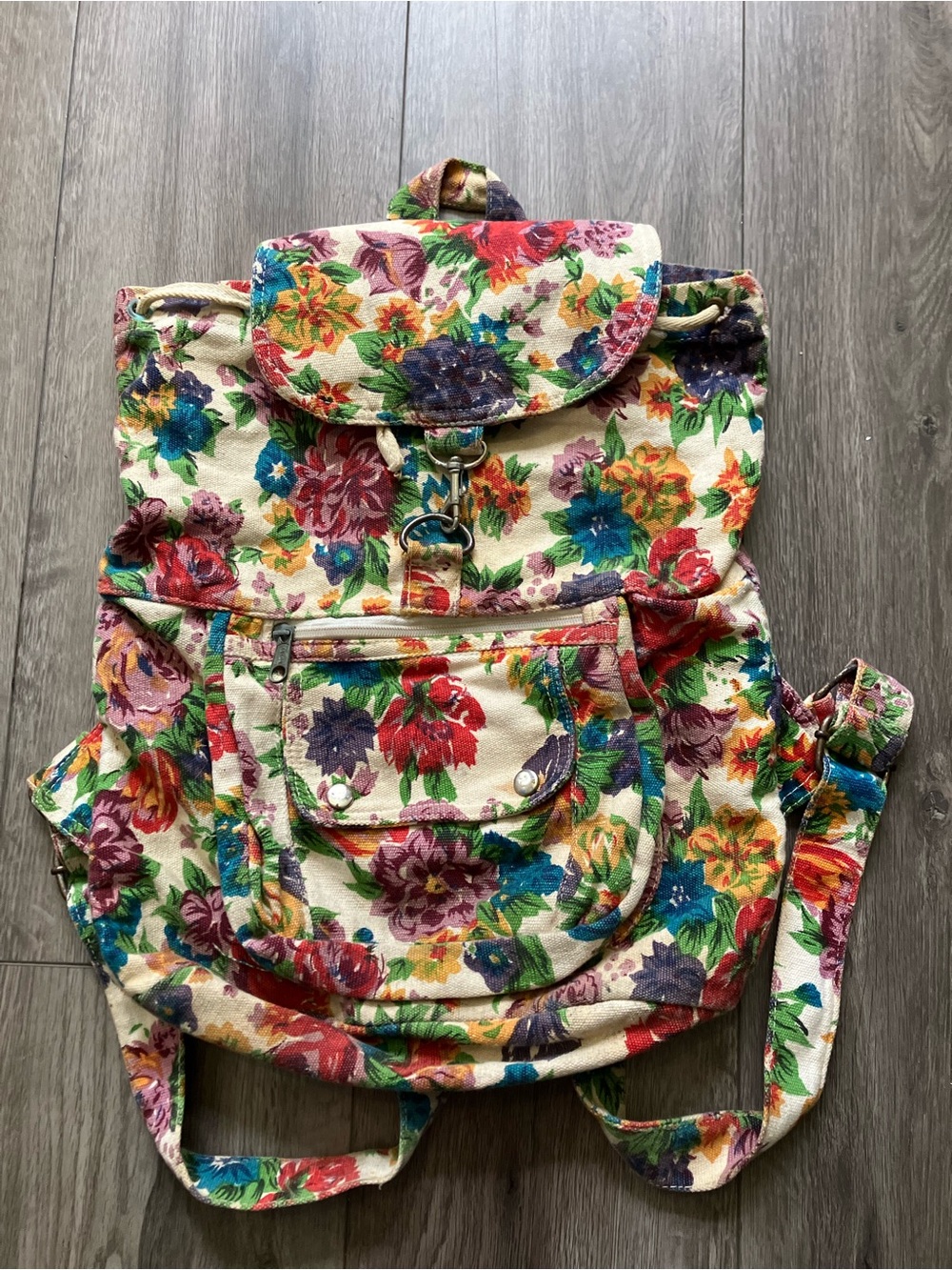Vintage Floral Print Canvas Backpack Drawstring Travel Rucksack Bag